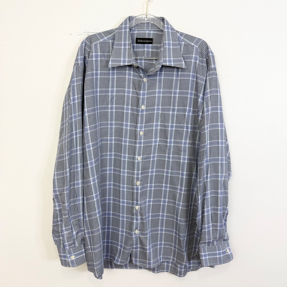 Bullock & Jones Plaid Button Down Shirt Blue White Made in USA Men's XL